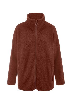 Rostfarbene Fleecejacke mit hohem Kragen, vollem Reißverschluss und zwei Seitentaschen. Weicher Stoff mit minimalistischem Design und ohne Muster.