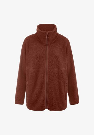 Rust-colored fleece jacket with high collar, full zipper, and two side pockets. Soft texture with minimalist design and no patterns.