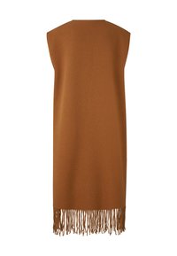 Brauner Poncho mit Fransen aus weichem Stoff, mit ärmellosem Design und gerader Silhouette, der bis zur Mitte der Waden reicht.