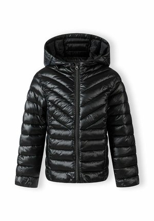 Doudoune noire à capuche avec motif matelassé en chevron et fermeture éclair devant.