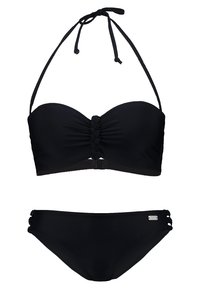 Zwart bikini-set met een bandeau-top met gevlochten details aan de voorkant en een verstelbare halsband; bijpassende bikini-broek met zijaccenten.