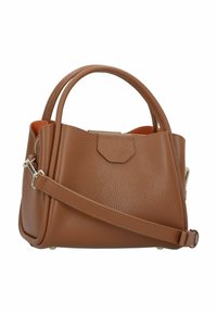 Borsa a mano in pelle marrone con superficie testurizzata, doppio manico, tracolla rimovibile e interno arancione. Caratterizzata da una chiusura con zip e una tasca piatta.