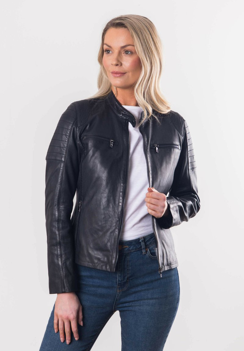 Black leather jacket with a structured fit, featuring zippered front pockets, ribbed shoulder accents, and a round collar.