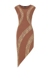 Abito marrone attillato con un motivo in pizzo diagonale beige chiaro, caratterizzato da un design senza maniche e un orlo sghembo.