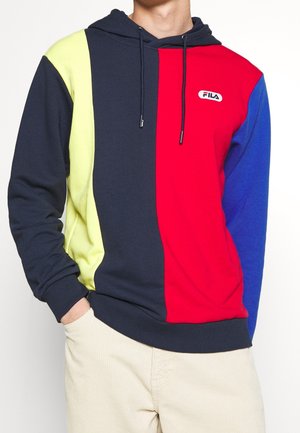 Kleurblok hoodie met marineblauwe, gele, rode en blauwe delen. Gemaakt van zachte stof met verstelbare trekkoorden en geribbelde manchetten.