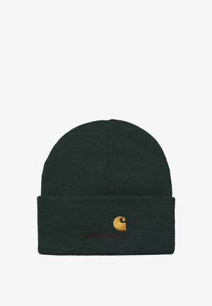Gorro de lana de color verde oscuro con un puño doblado, que presenta un logo bordado en oro y rojo en la parte frontal. Textura suave, ajuste ceñido.