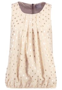Blouse beige sans manches avec des pois dorés brillants, détail plissé sur le devant, encolure arrondie et ourlet élastique.