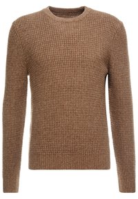 Brun texturerad stickad tröja med rund halsringning, långa ärmar samt ribbade muddar och nederkant.