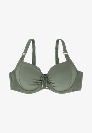 Zeleni, podloženi modrček z žičkami; ima podrobnost s središnjim vozlom in okrasnimi biseri, nastavljive naramnice in gladko tkanino.