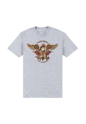 Camiseta de algodón gris con un diseño gráfico que presenta un skull, alas, rosas y el texto "LOVE HURTS" y "LOS ANGELES" en color.