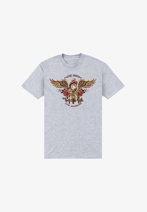 Camiseta de algodón gris con un diseño gráfico que presenta un skull, alas, rosas y el texto "LOVE HURTS" y "LOS ANGELES" en color.