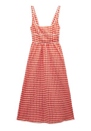 Rot-weißer Karodress mit tailliertem Oberteil, breiten Trägern und ausgestelltem Rock. Verfügt über Rüschendetails entlang der Nähte.