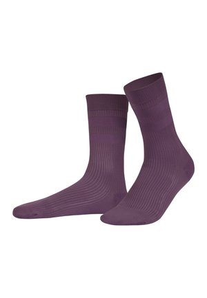 Pair of ribbed, mid-calf purple socks with two darker horizontal stripes near the top on a white background.