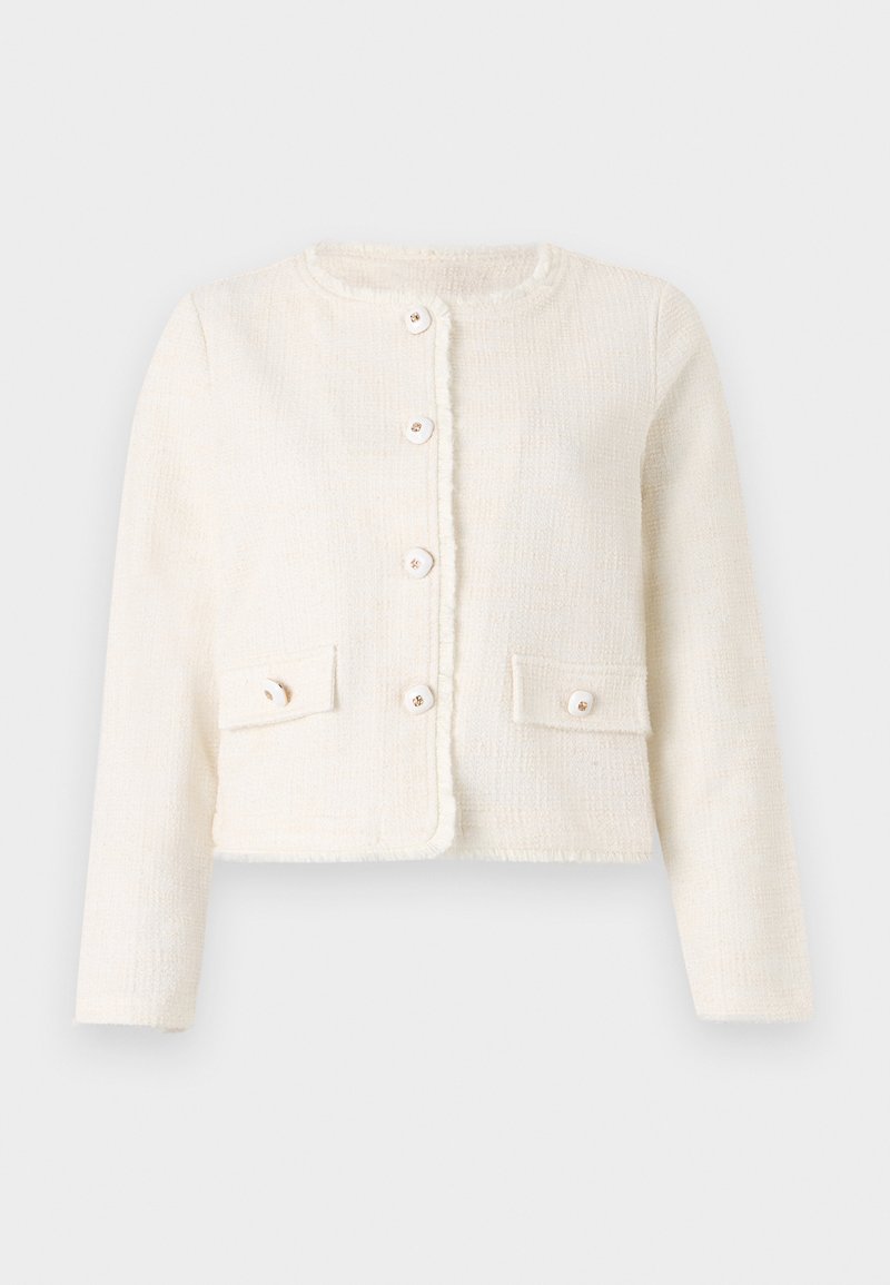 Witte cropped jas van textuurstof, met een ronde halslijn, een knoopsluiting aan de voorkant en twee opgestikte zakken met knopen.