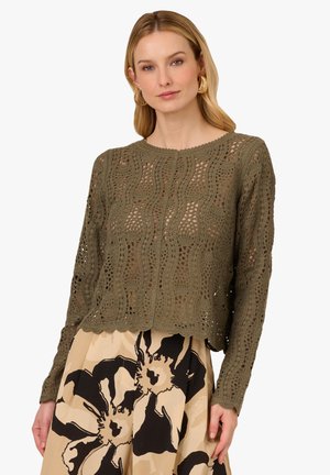 Pull en crochet vert olive avec un design à mailles ouvertes, col rond et manches longues. L'ourlet présente un bord festonné.