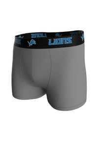 Szare bokserki ołówkowe z czarnym paskiem w talii ozdobionym niebieskim napisem "LIONS" i logo lwa. Gładka tkanina, dopasowany krój oraz płaskie szwy.
