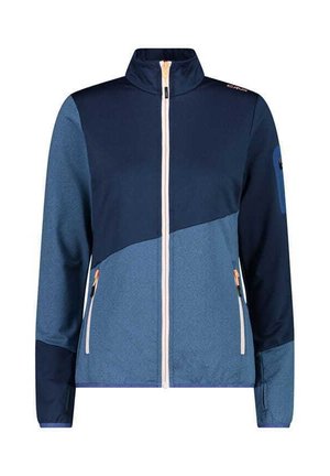 Veste softshell bleue pour homme avec fermeture éclair intégrale à l’avant, deux poches latérales zippées et des panneaux contrastés bleu foncé et bleu clair.
