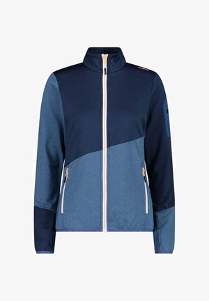 Blauwe softshell jas voor heren met volledige frontale ritssluiting, twee ritssluitbare zijzakken en contrasterende donkere en lichte blauwe panelen.