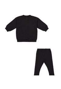 Black sweatshirt with long sleeves, ribbed cuffs, and a three-button placket at the back. Matching black leggings with an elastic waistband.