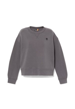 Grijze cropped trui gemaakt van zachte stof. Voorzien van een ronde hals, geribbelde manchetten en een klein zwart logo op de borst.