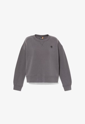 Grå cropped sweatshirt lavet af blødt stof. Har rund hals, ribstrikkede manchetter og en lille sort logo på brystet.