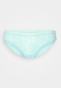 Cuecas de renda azul claro com um padrão floral e uma cintura elástica riscada. Textura suave com um design de corte padrão.