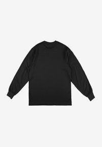 Czarna koszulka z długim rękawem wykonana z bawełny, z okrągłym dekoltem i dopasowanymi mankietami. Gładka faktura, minimalistyczny design, brak widocznych logo.