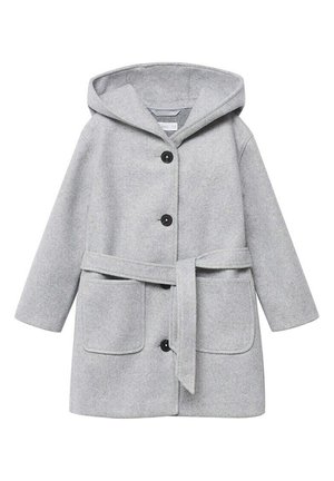 Grå ullblandad kappa med huva, framknappar, knytbälten och två framfickor. Har en mjuk textur och avslappnad passform.