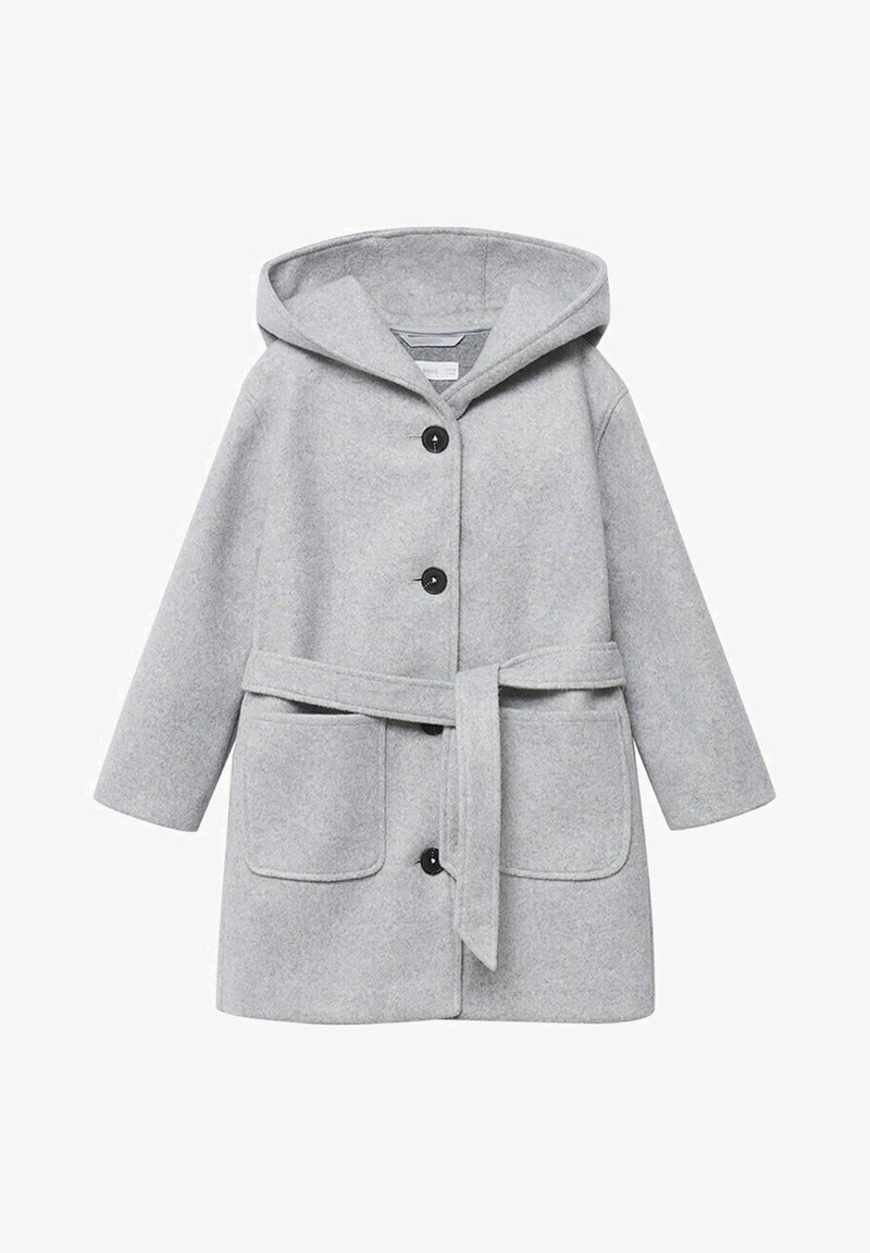Grå ullblandad kappa med huva, framknappar, knytbälten och två framfickor. Har en mjuk textur och avslappnad passform.