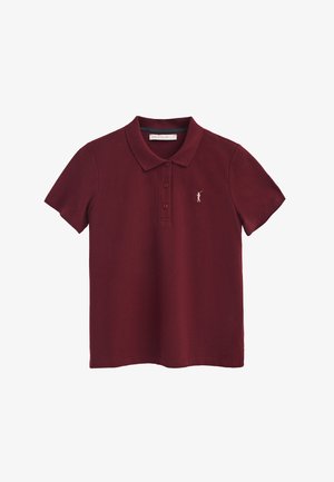 Bordeaux polo met een klassieke kraag, drie knopen, korte mouwen en een klein goudkleurig logo op de linkerborst. Gemaakt van een katoenmix.