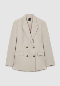 Blazer beige croisé avec larges revers, deux poches avant à rabat et quatre boutons foncés, présenté à plat sur un fond clair.
