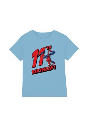Light blue cotton t-shirt featuring a red graphic with "11th BIRTHDAY!" and an illustration of Spider-Man. Crew neck and short sleeves.