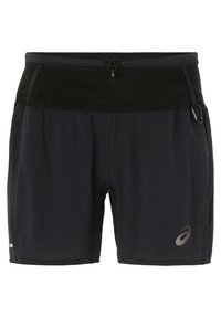Zwarte hardloopshorts voor heren van lichtgewicht materiaal. Voorzien van een tailleband met trekkoord, zijzakken en een subtiele gemêleerde textuur.