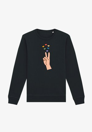 Černá mikina s dlouhými rukávy a kulatým výstřihem, zdobená grafikou ruky, která dělá gesto míru, obklopenou barevnými srdíčky.