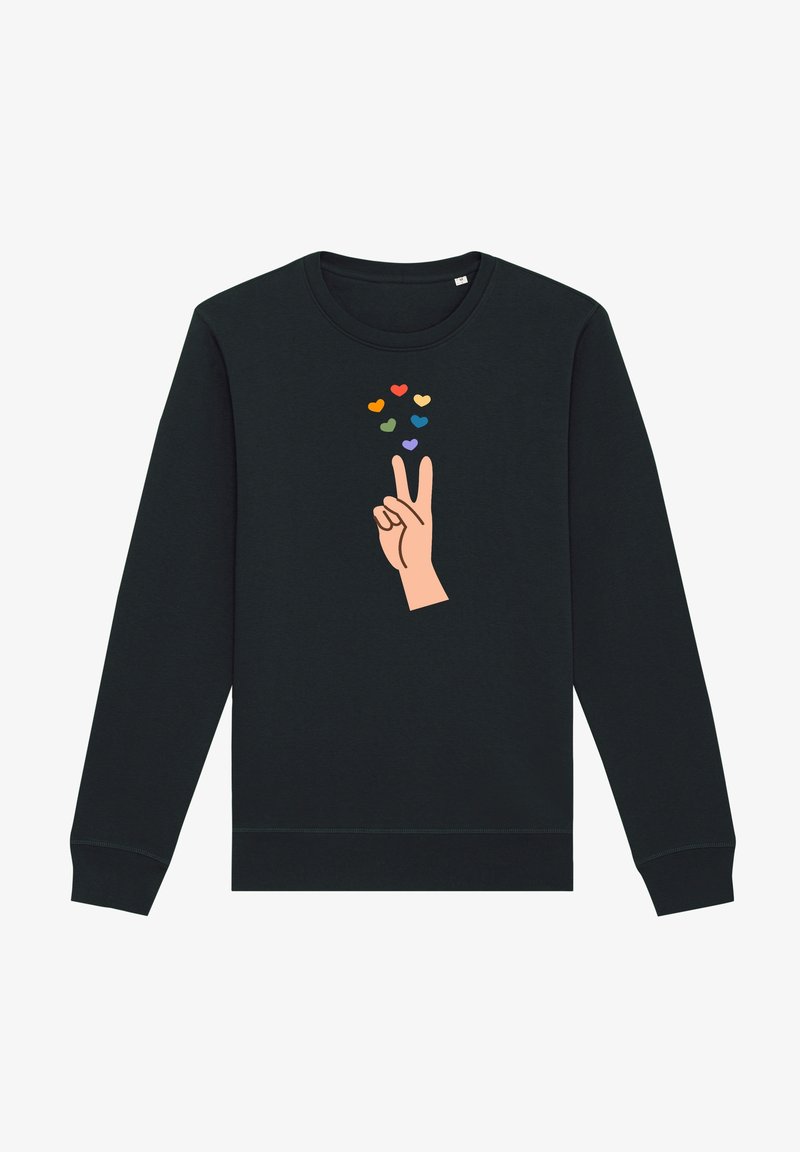 Musta collegepaita pitkillä hihoilla ja pyöreällä kaula-aukolla, jossa on grafiikka kädestä, joka näyttää rauhanmerkkiä, ympärillä värikkäitä sydänmuotoja.