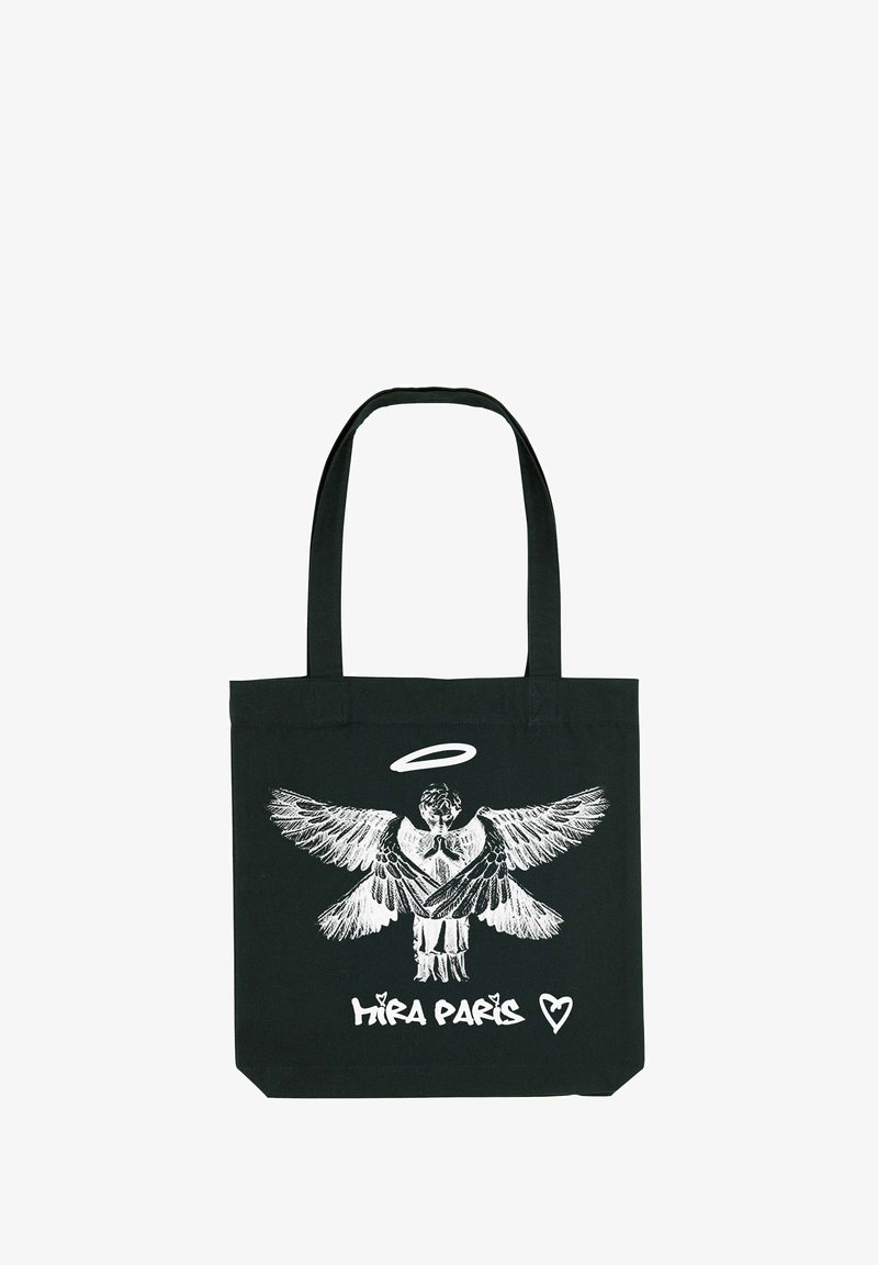 Sac fourre-tout noir en toile avec un graphique d'ange blanc, des ailes, un halo, et le texte "HIRA PARIS" avec un motif de cœur en bas.