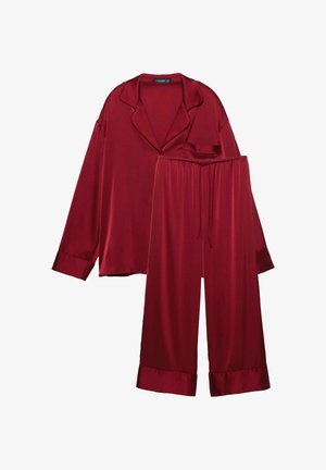 Rødt satin sæt med pyjamas bestående af en langærmet knapbluse med lomme og matchende bukser med elastisk talje, vide ben og manchetter.