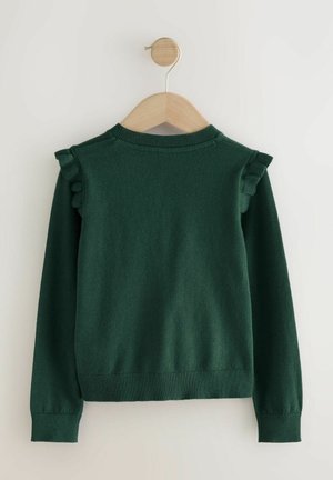 Dunkelgrüner Pullover mit langen Ärmeln, geripptem Ausschnitt und Bündchen, mit Rüschendetails an den Schulternähten. Glatte Textur, minimalistisches Design.