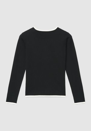 Schwarzes langärmeliges Oberteil mit Rippenstruktur, mit weißem Halsausschnitt und Ärmelbündchen. Einheitliche Farbe, schlichtes Design ohne Muster.