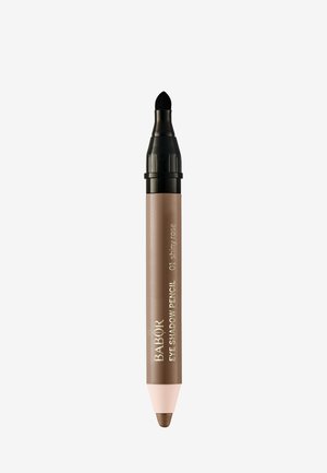 Crayon à ombre à paupières à double embout avec une pointe en éponge noire et un crayon de maquillage marron étiqueté "BABOR eye shadow pencil 01 shiny rose."