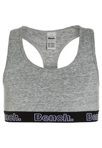 Crop top de sport gris en tissu doux. Il présente un design dos nageur et une bande élastique noire avec le logo "Bench." en lettres blanches.