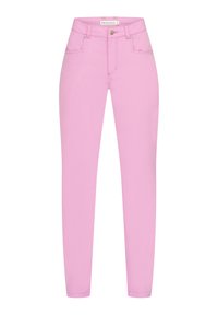 Pink high-waisted skinny jeans made of stretchy cotton blend. Features two front pockets and a metal button closure at the waist.