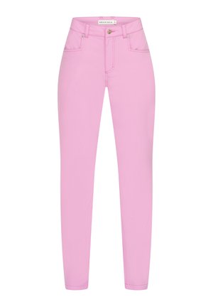 Rosa högmidjade skinny jeans tillverkade av en elastisk bomullsblandning. Har två framfickor och en metallknappstängning i midjan.