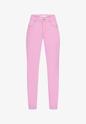 Pink high-waisted skinny jeans made of stretchy cotton blend. Features two front pockets and a metal button closure at the waist.