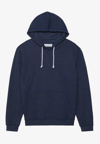 Marineblauwe hooded sweatshirt met een kangoeroezak, witte koorden en ribgebreide manchetten. Gemaakt van zacht, textuurmateriaal.