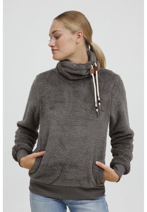 Sweatshirt en polaire grise avec col en cowl, poches avant et cordons de serrage avec accents en bois. Tissu texturé, manches longues, ourlet côtelé.