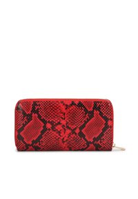 Portefeuille en cuir effet peau de serpent rouge et noir, fermeture éclair, forme rectangulaire, texture lisse, extérieur à motif, garniture en métal doré.
