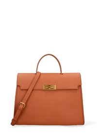 Borsa in pelle arancione con design strutturato, manico superiore, tracolla removibile e chiusura in metallo dorato. Superficie testurizzata.