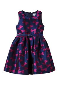 Abito navy con motivi a fiocco rosa, design senza maniche, gonna plissettata e una sottile cintura in vita. Il tessuto ha una finitura liscia.