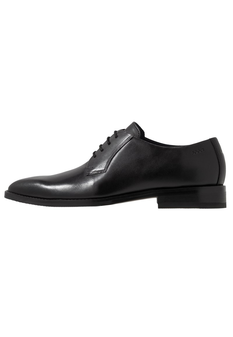 Scarpa nera in pelle con lacci, dalla finitura liscia, punta arrotondata e design minimalista. Presenta un tacco basso impilato e dettagli di cucitura discreti.